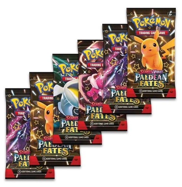 6st Paldean Fates Booster packs med olika Pokémon-motiv