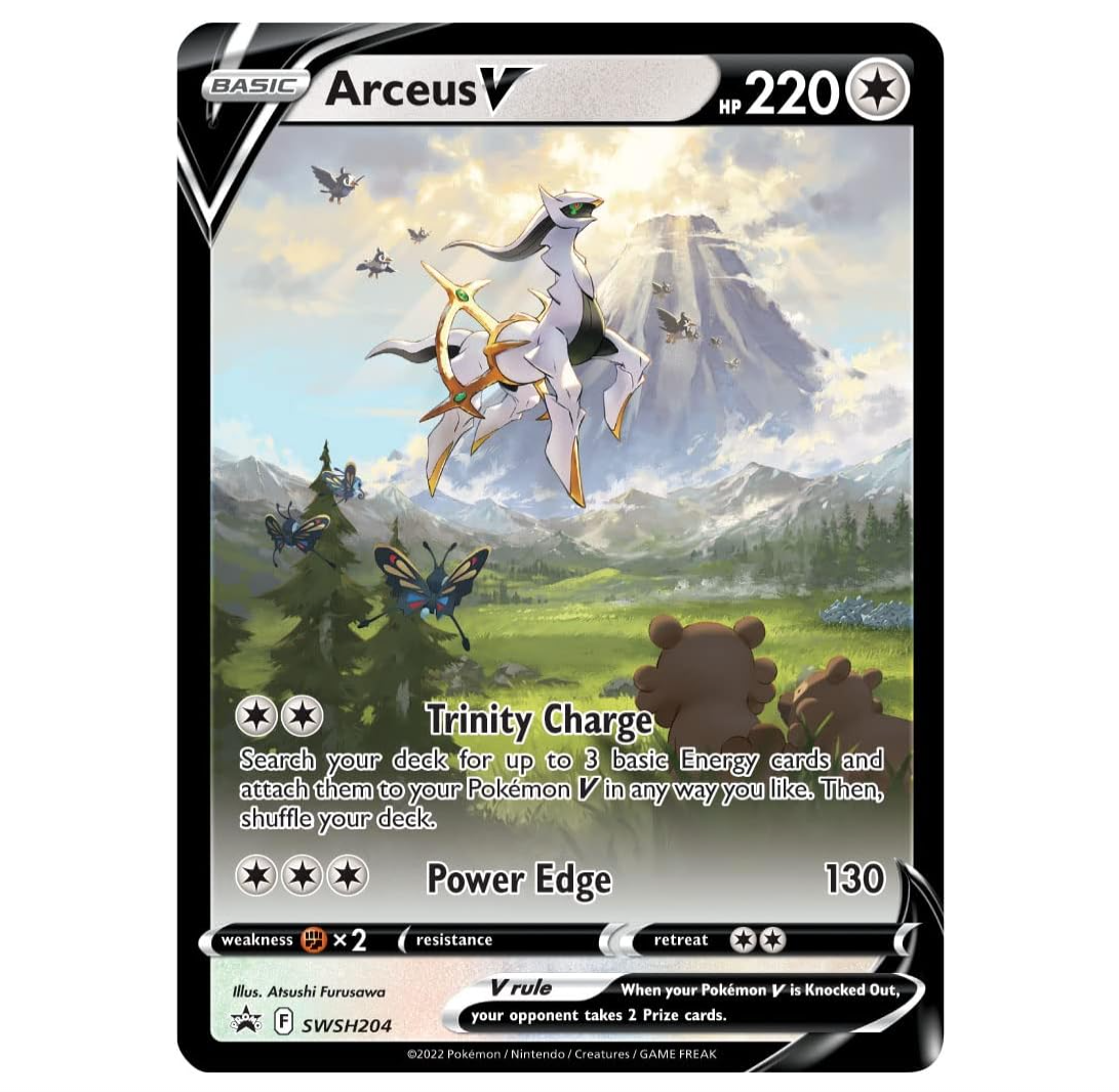 pokemon TCG ett sprakande kort av arceus v som flyger över marken 