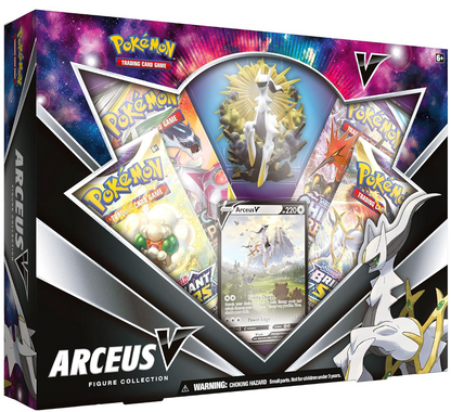 pokemon TCG arceus v box med fyra olika booster packs en figur av arceus och ett sprakande kort av arceus