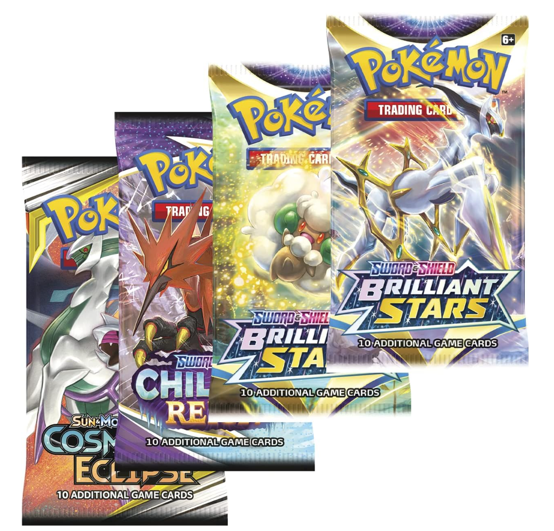 pokemon TCG fyra olika pokemon booster packs från olika serier med olika pokemon på framsidorna