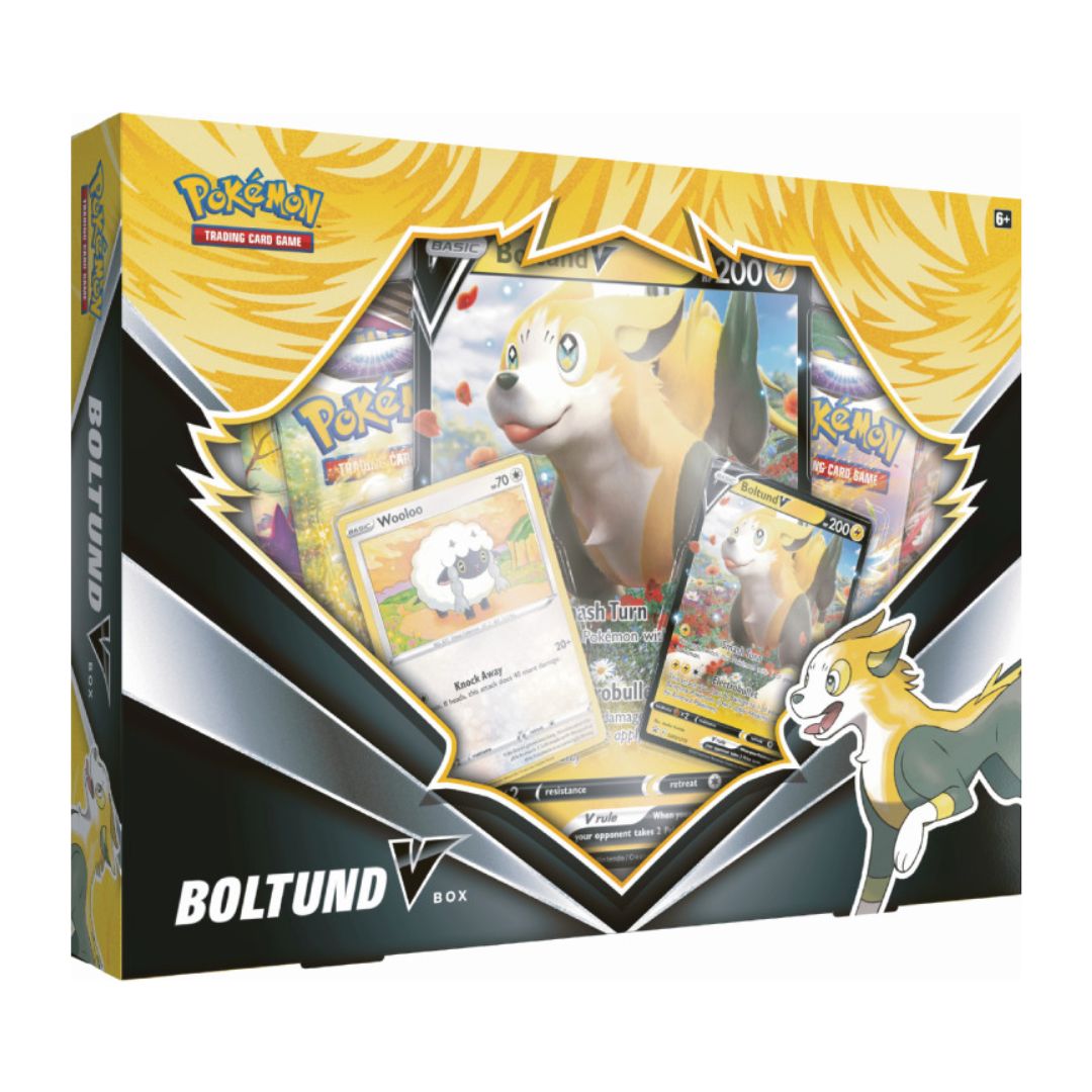 Pokemon Boltund V Box med tre sällsynta kort och Evolving Skies pack
