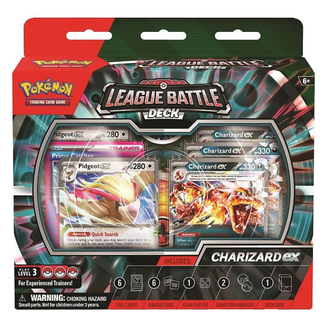 Pokémon Charizard League Battle Deck box fylld med spännande kort och tillbehör