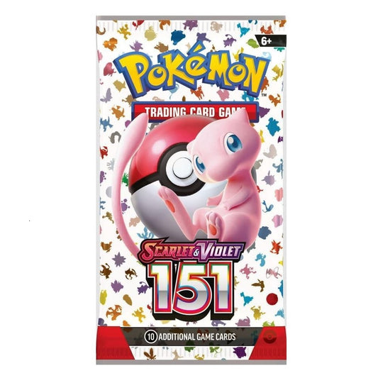 Pokemon 151 booster pack med motiv av Mew som innehåller 10 kort