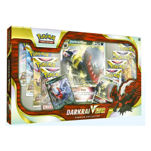 Pokémon Darkrai VSTAR Premium Collection box med 3st kort och mängder av booster packs