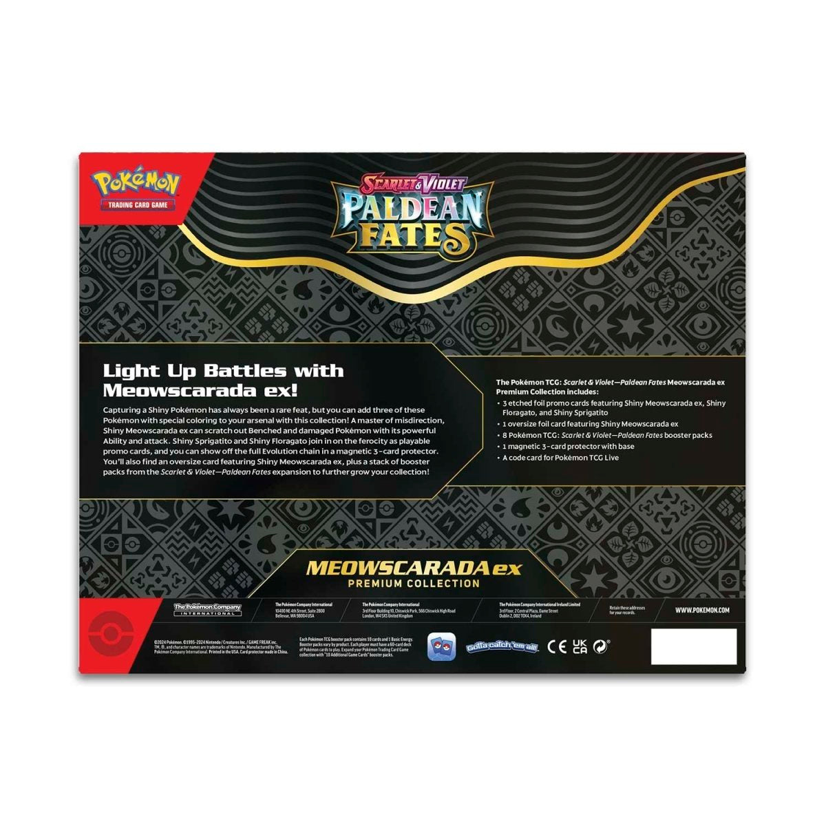Pokémon Scarlet & Violet 4.5: Paldean Fates Premium Collection Box - Meowscarada ex från baksidan