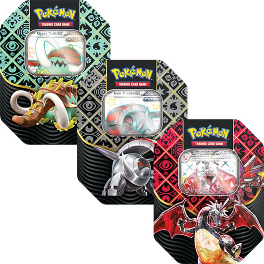 Pokemon kort Paldean Fates Tins - Charizard, Great Tusk och Iron Treads ex