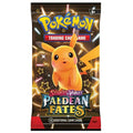 Pokemon Paldean Fates booster pack med pikachu omslag innehållande 10 kort.