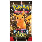 Pokemon Paldean Fates booster pack med pikachu omslag innehållande 10 kort.