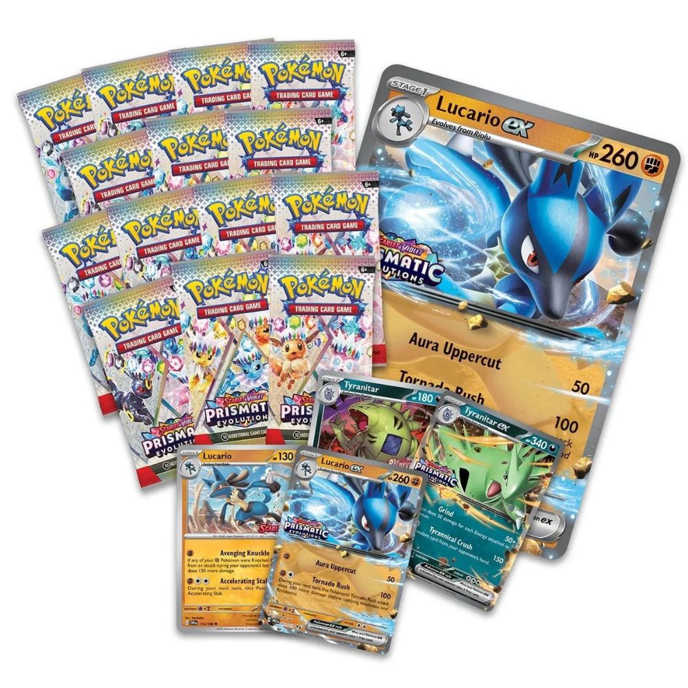 Innehåll i Pokémon Scarlet & Violet 8.5: Prismatic Evolutions Lucario ex & Tyranitar ex Premium Collection