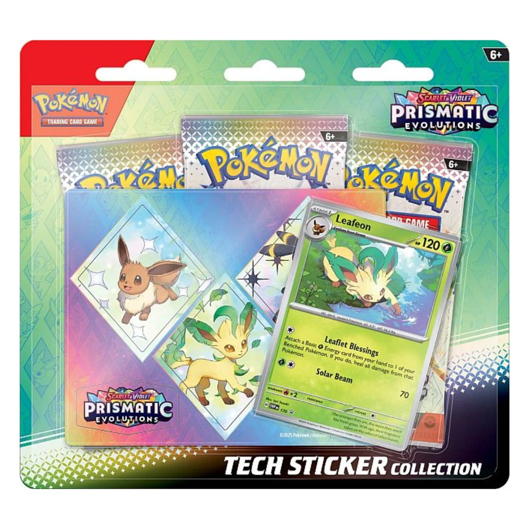Pokemon Prismatic Evolutions Tech Sticker Collection med snyggt kort av Leafeon