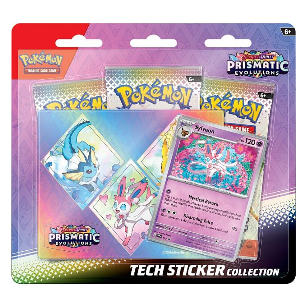 Pokemon Prismatic Evolutions Tech Sticker Collection med snyggt kort av Sylveon