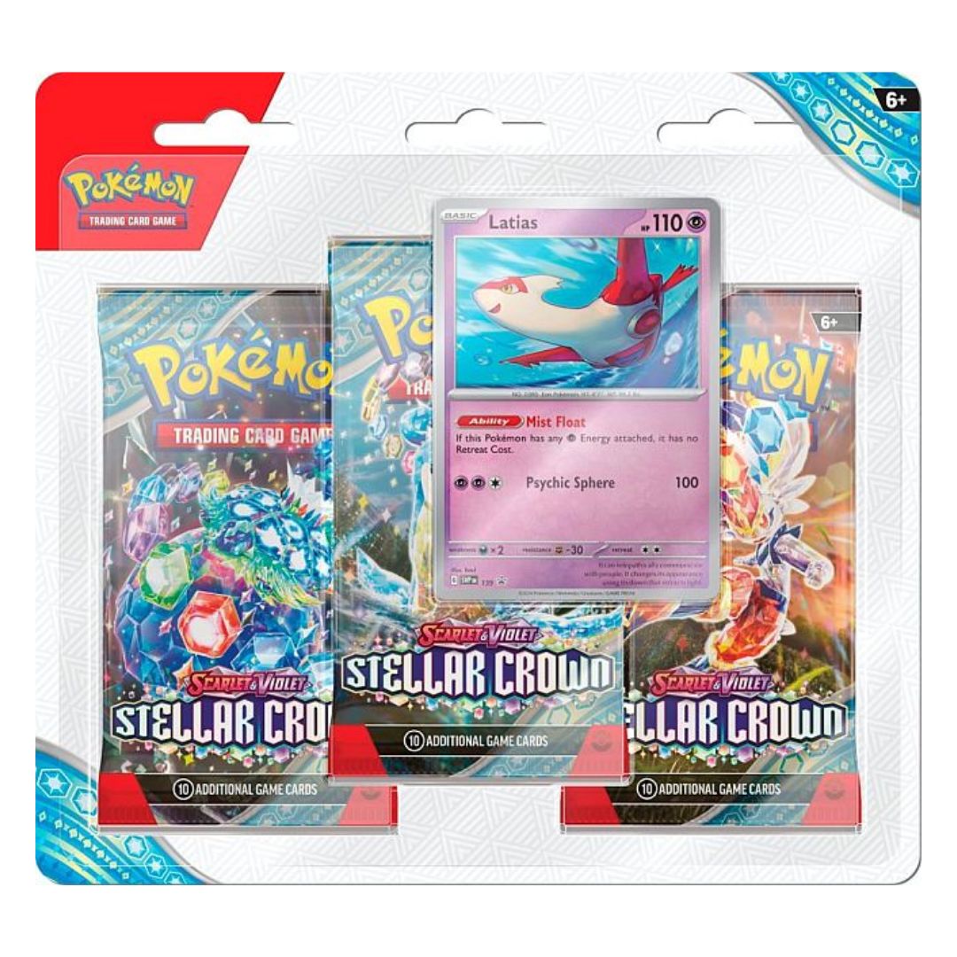 Pokémon Scarlet & Violet Stellar Crown 3-pack blister med snyggt promo kort