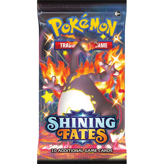 Shining Fates booster pack med omslag av Charizard VMAX innehåller 10 kort