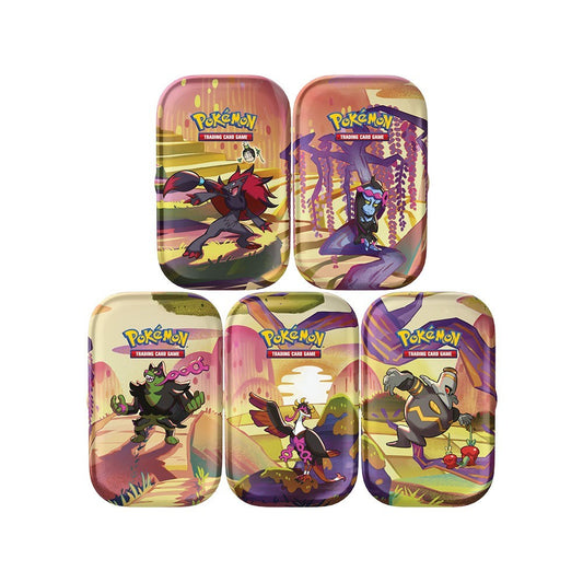 Kort av alla Pokemon Shrouded Fable mini tins