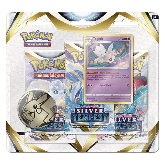 Pokémon Sword & Shield Silver Tempest 3-pack blister med snyggt promo-kort och flera booster packs