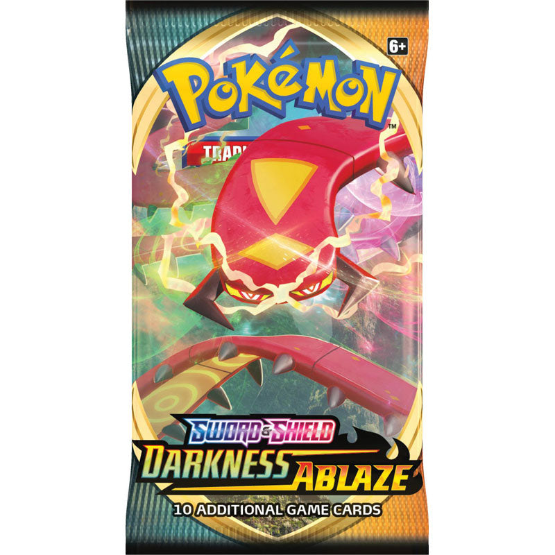 Darkness Ablaze booster paket med flerfärgat omslag innehåller 10 pokemon kort