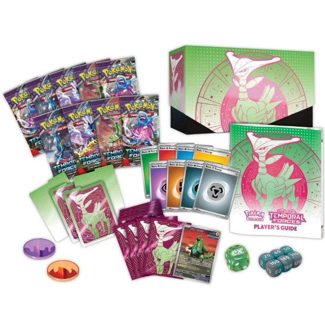 Pokémon Scarlet & Violet 5: Temporal Forces Elite Trainer Box - Iron Leaves innehåller mängder av paket och sällsynta kort!