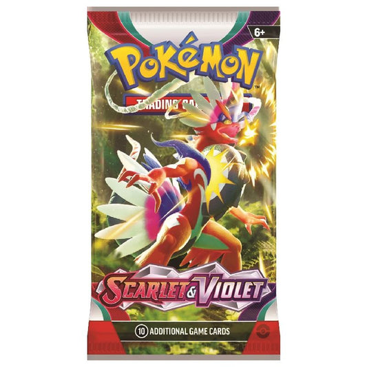 Pokémon Scarlet & Violet Booster Pack som innehåller 10 kort.