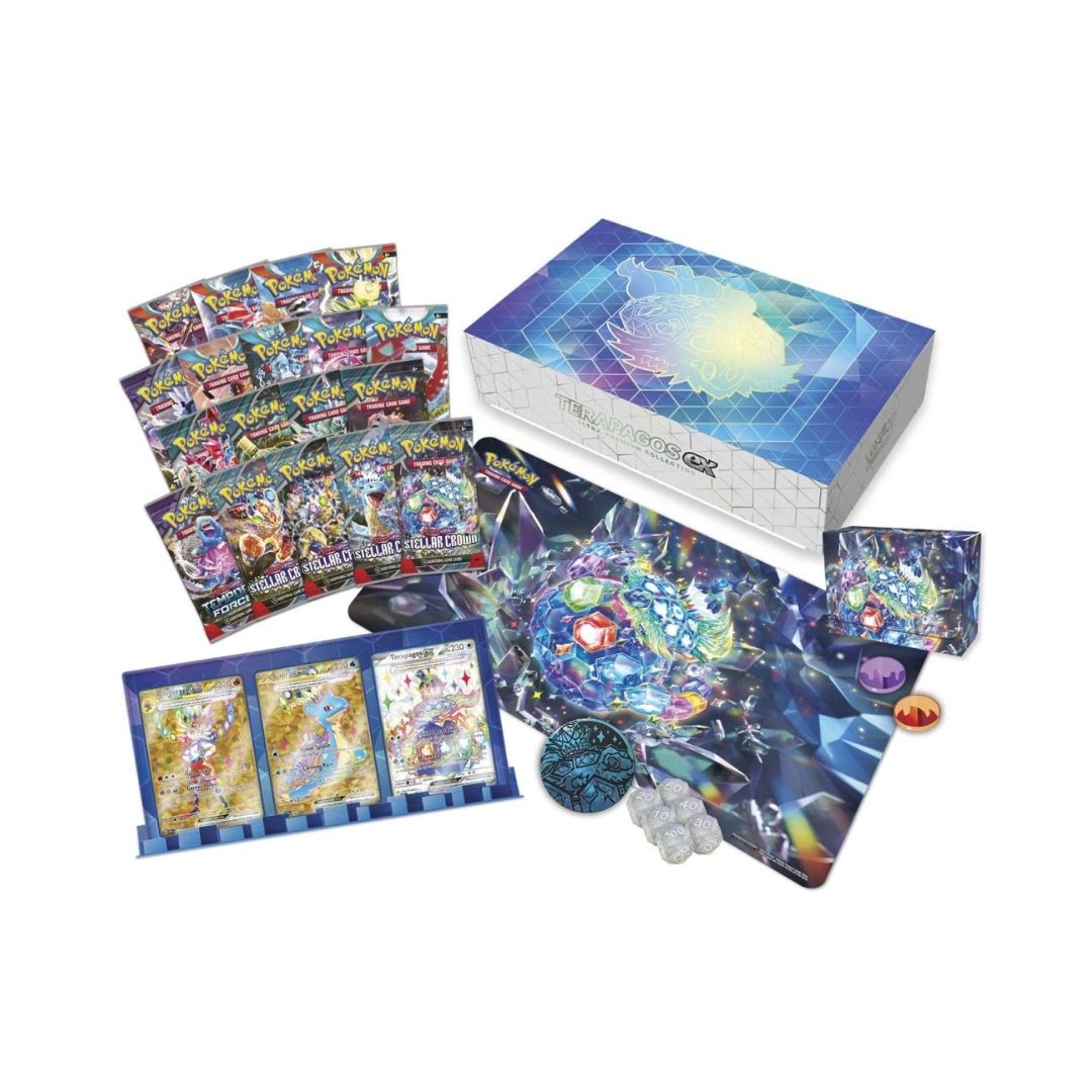 Pokémon Terapagos ex Ultra Premium Collection box med mängder av premium-tillbehör, promokort och booster packs