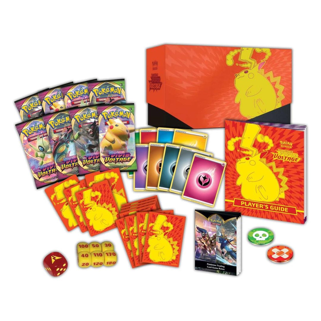 Vivid Voltage Elite Trainer Box med innehåll av tillbehör, kort och booster paket